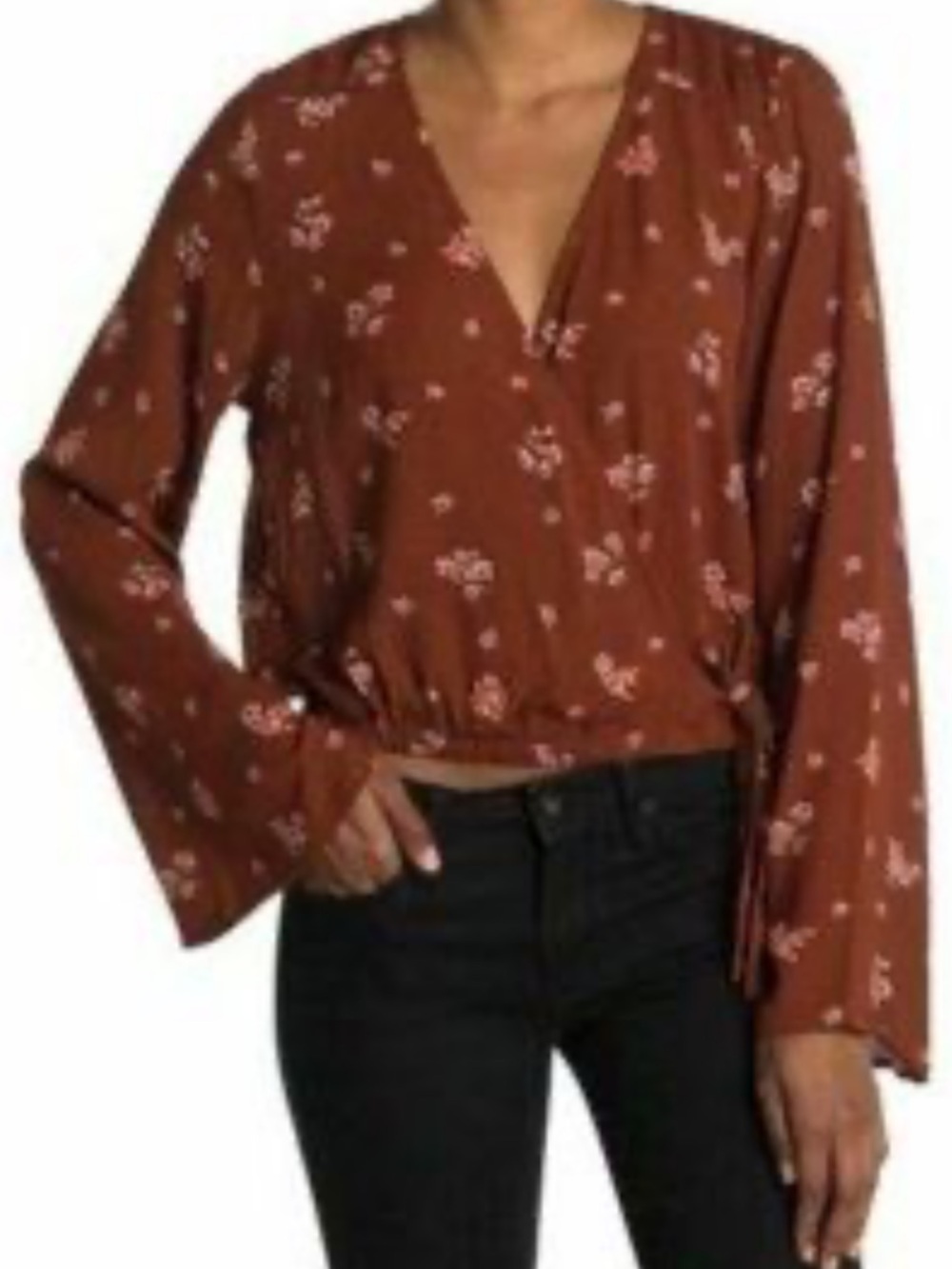 Autumn Rust Floral Wrap Blouse with Long Bell Sleeves